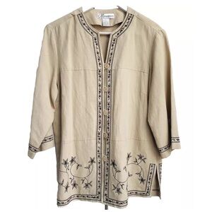 Vintage Silk Linen Top Embroidered Tunic Blouse Shirt Neutral